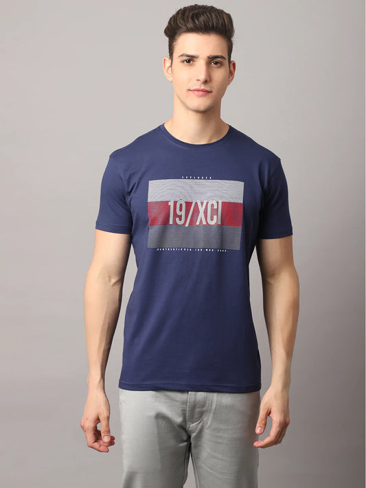 Men Navy Blue Typography Printed Applique Slim Fit T-shirt