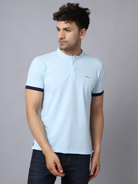 Men Blue Mandarin Collar Slim Fit T-shirt