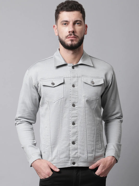 Men Grey Denim Cotton Jacket with Patchwork