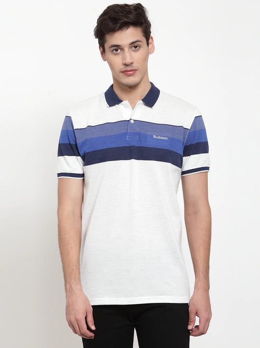 Men White  Blue Striped Polo Collar T-shirt