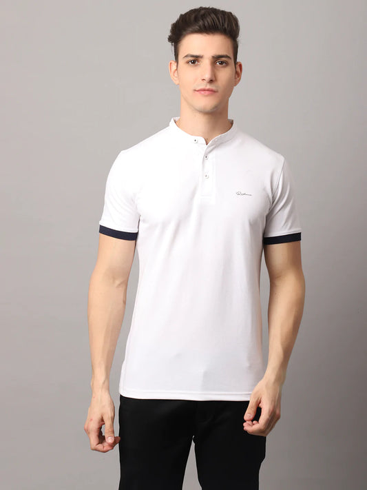Men White Mandarin Collar Slim Fit T-shirt