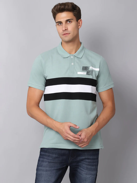 Men Multicoloured  misty blue Striped Polo Collar Applique Slim Fit T-shirt