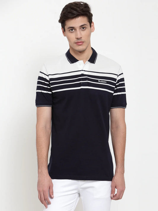 Men Navy Blue Striped Polo Collar T-shirt