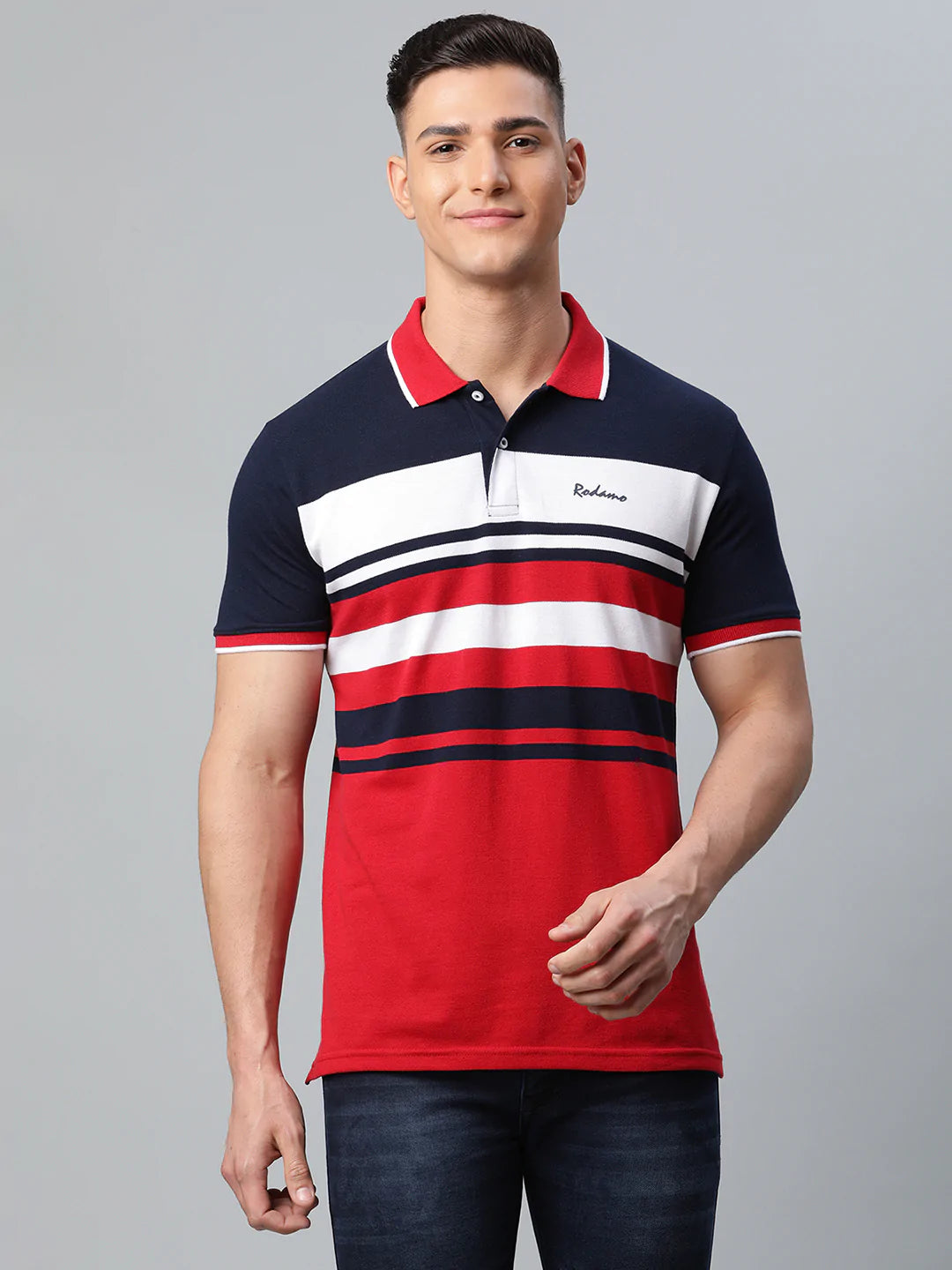 red white and black striped polo shirt