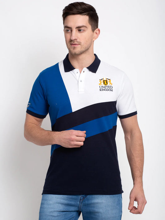 Men Blue  White Colourblocked Polo Collar T-shirt