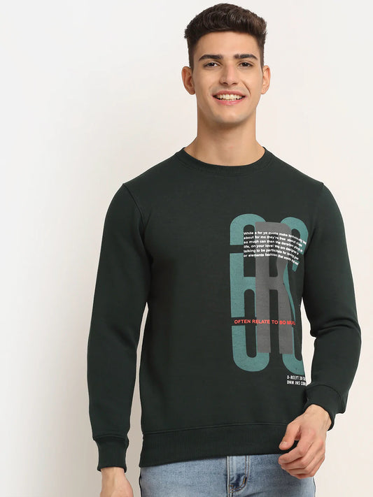 Men Green Fleece Printed Sweatshirt
