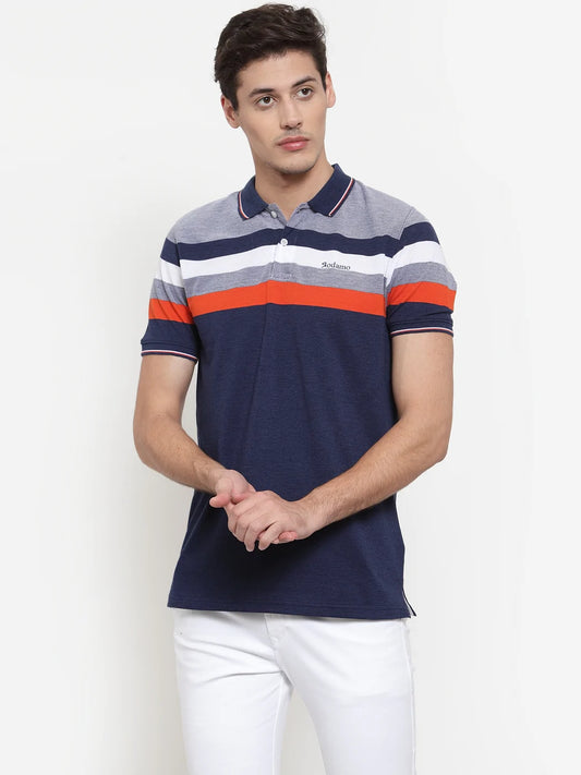 Men Navy Blue Striped Polo Collar T-shirt
