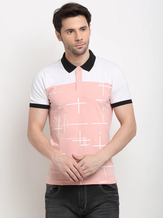 Men Pink Striped Polo Collar Slim Fit T-shirt