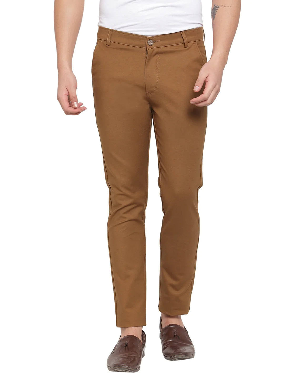 Men Brown Slim Fit Solid Regular Trousers