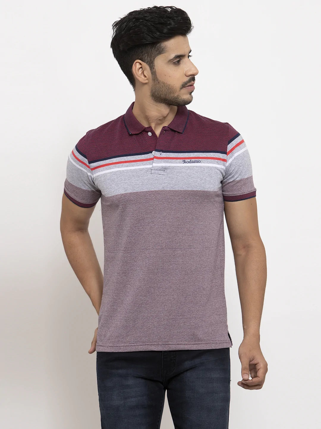 Men Maroon  Grey Slim Fit Striped Polo Collar T-shirt