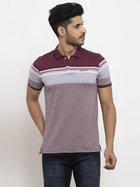Men Maroon  Grey Slim Fit Striped Polo Collar T-shirt