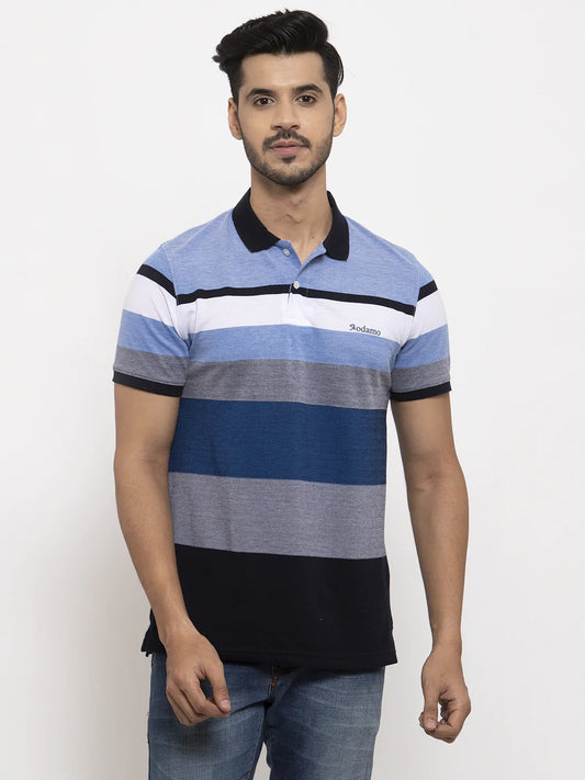 Men Grey  Blue Striped Polo Collar T-shirt