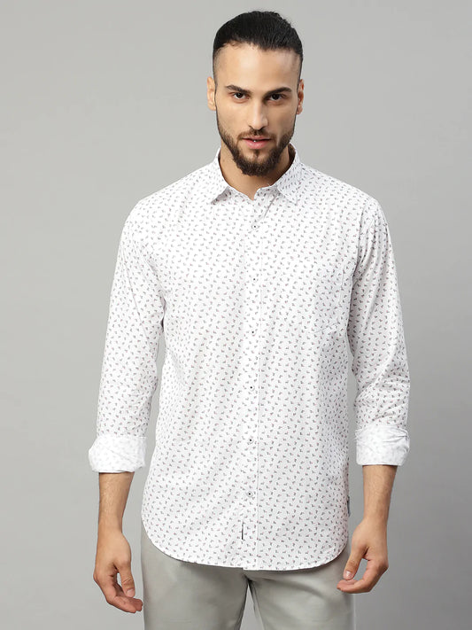 Men White Slim Fit Printed Cotton Casual Shirt