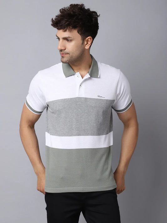 Men White  Grey Striped Polo Collar Slim Fit T-shirt