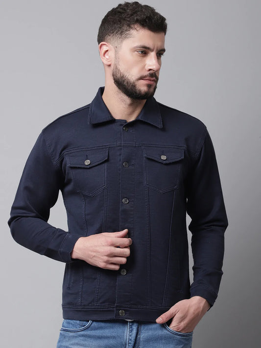 Men Navy Blue Denim Cotton Jacket with Patchwork
