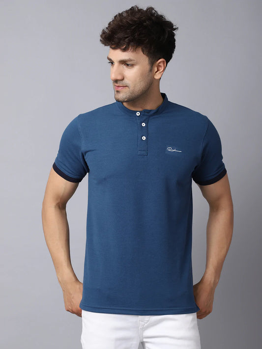 Men Blue Mandarin Collar Cotton Slim Fit T-shirt