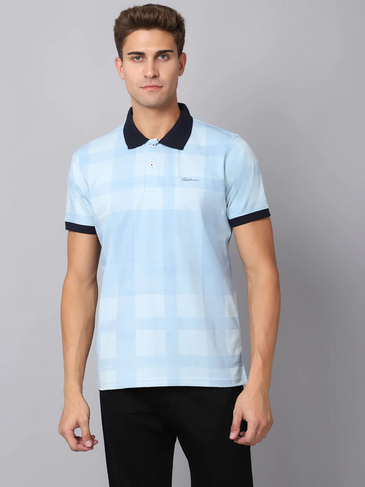 Men Blue  sand Checked Polo Collar Slim Fit T-shirt