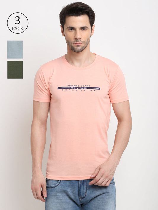 Men Pink, Olive & Grey Pack of 3 Solid Cotton Lounge Tshirts