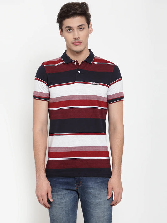 Men Maroon  Navy Blue Striped Polo Collar T-shirt