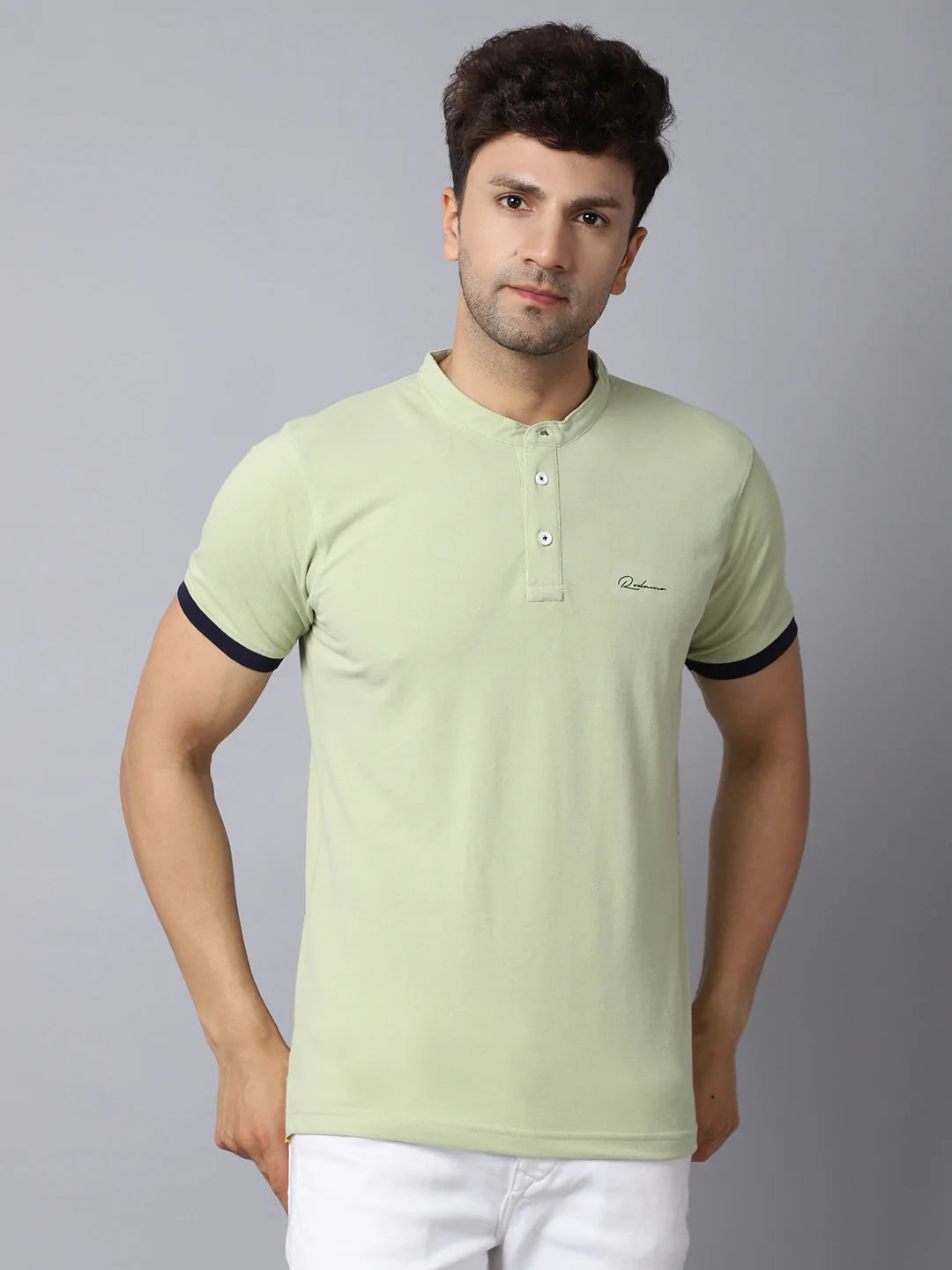 Men Green Henley Neck Slim Fit T-shirt