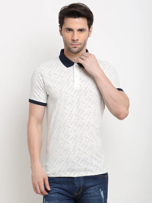 Men White  Black Printed Polo Collar Slim Fit T-shirt