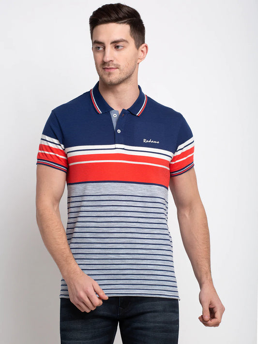 Men Multicoloured Striped Polo Collar T-shirt