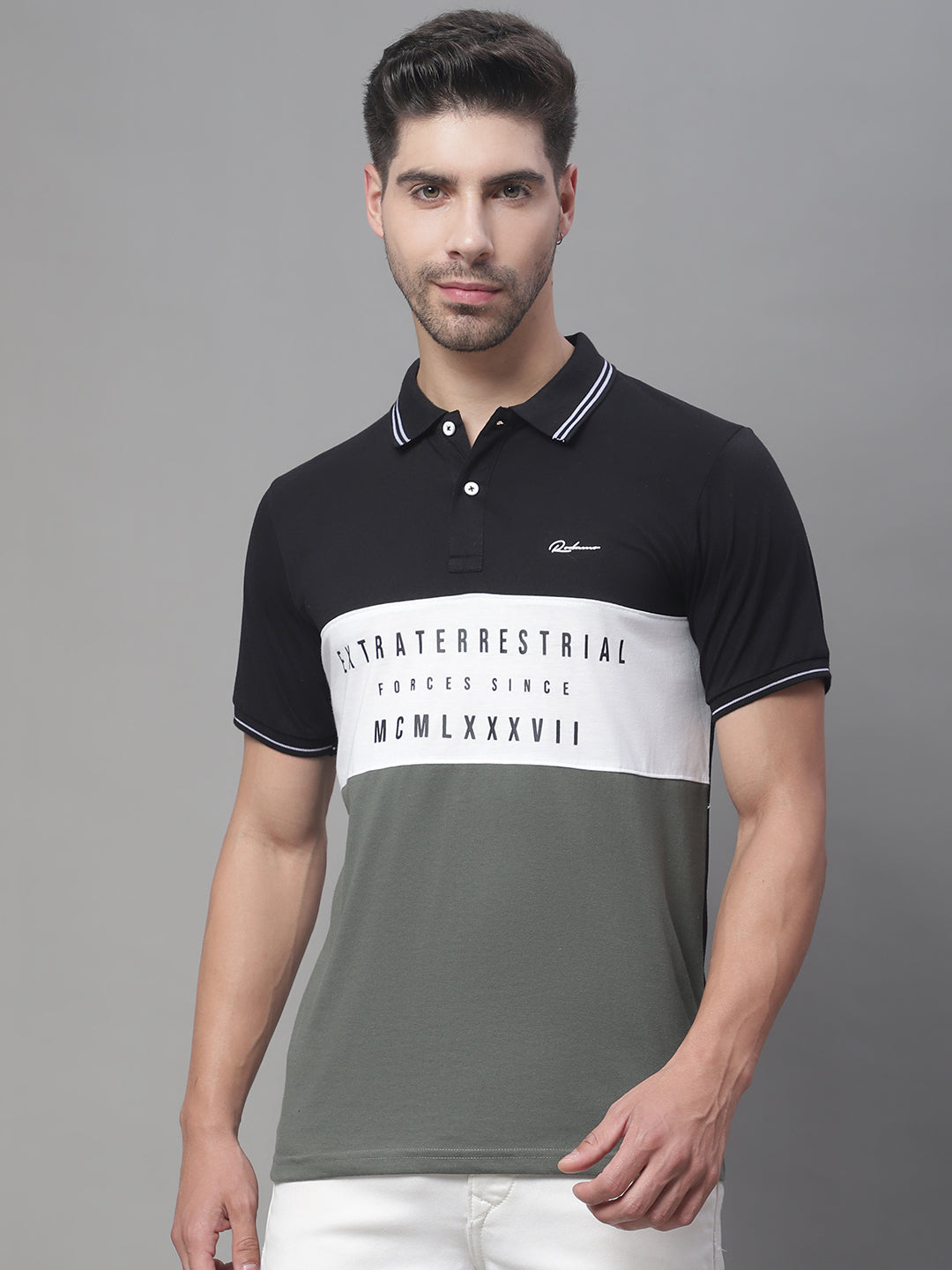 Colourblocked Polo Collar Cotton Slim Fit T-shirt