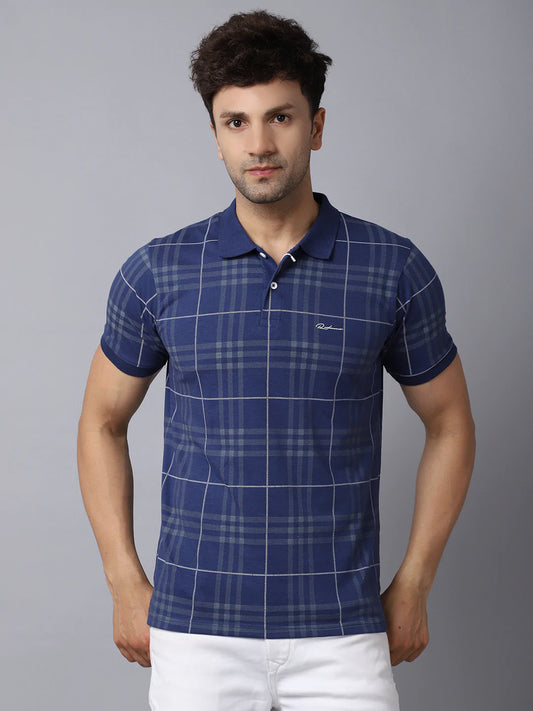 Men Blue Checked Polo Collar Slim Fit T-shirt
