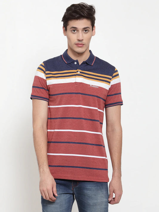Men Rust Red Striped Polo Collar T-shirt