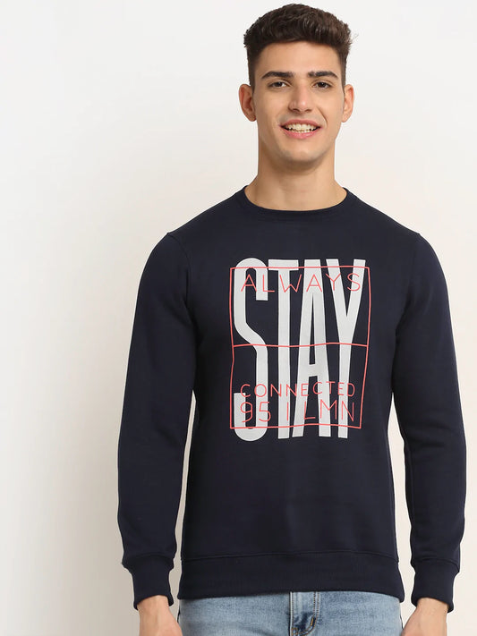 Men Navy Blue Printed Fleece Sweatshirt