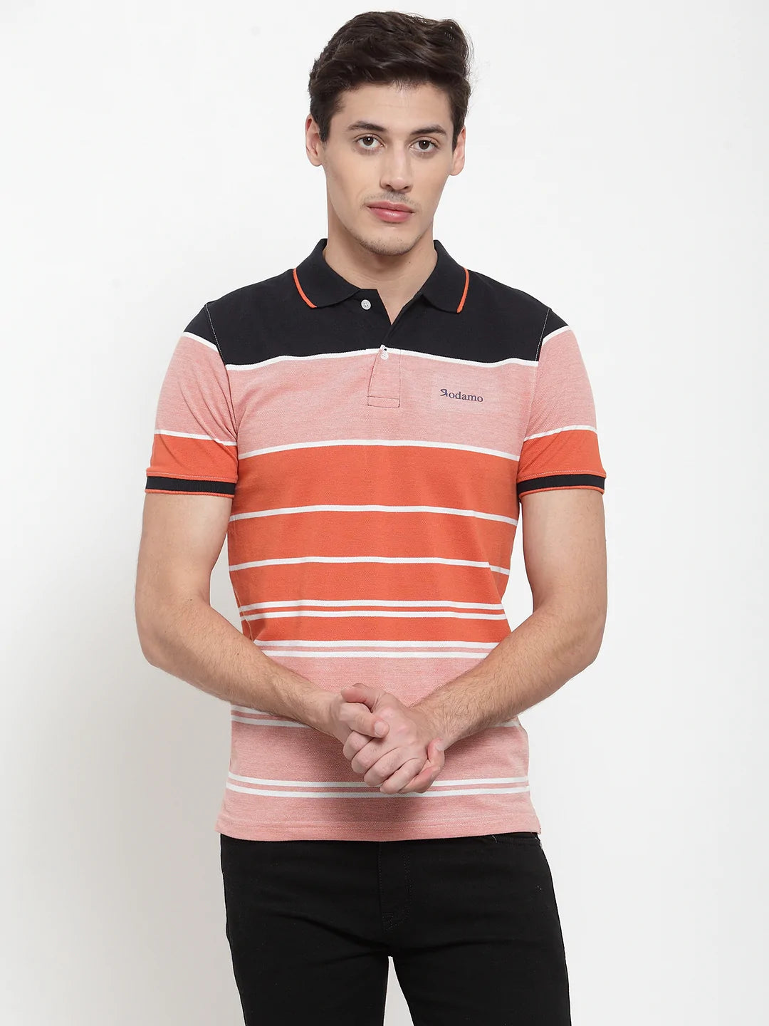 Men Orange  Black Striped Polo Collar T-shirt