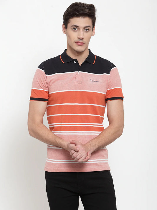 Men Orange  Black Striped Polo Collar T-shirt