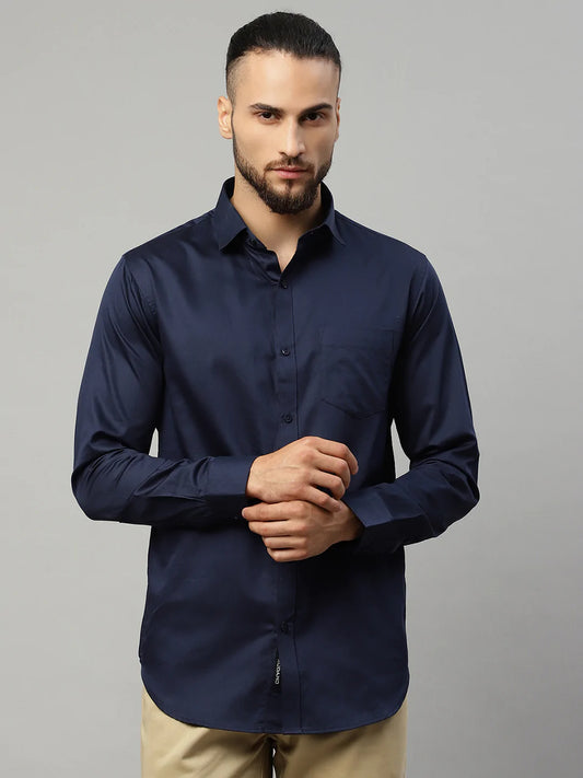 Men Navy Blue Slim Fit Solid Cotton Casual Shirt