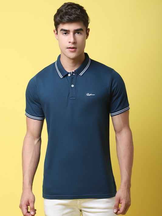 Typography Back Printed Polo Collar Slim Fit Cotton T-shirt