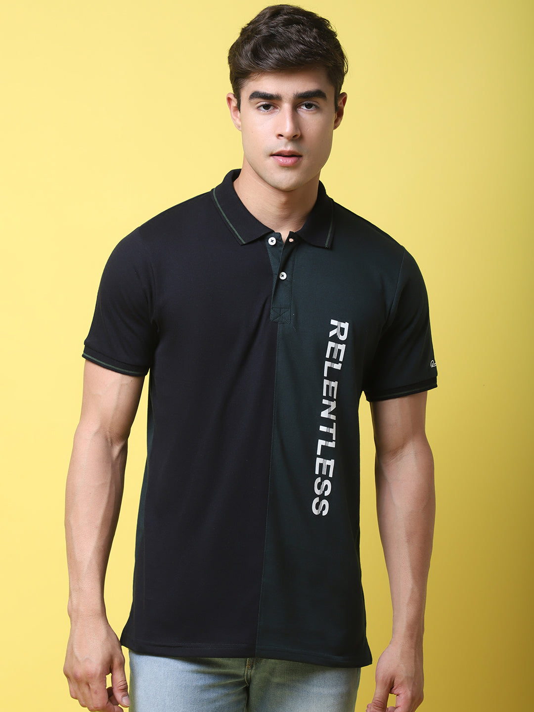 Colourblocked Polo Collar Cotton Slim Fit T-shirt