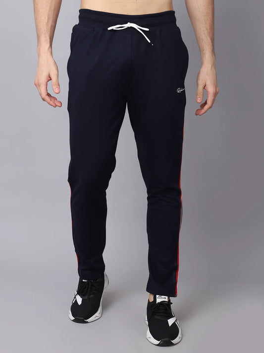 Men Navy Blue  Red Striped Cotton Track Pant