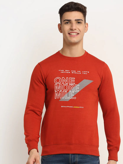 Men Red Typography Printed Round Neck Fleece Sweatshirt