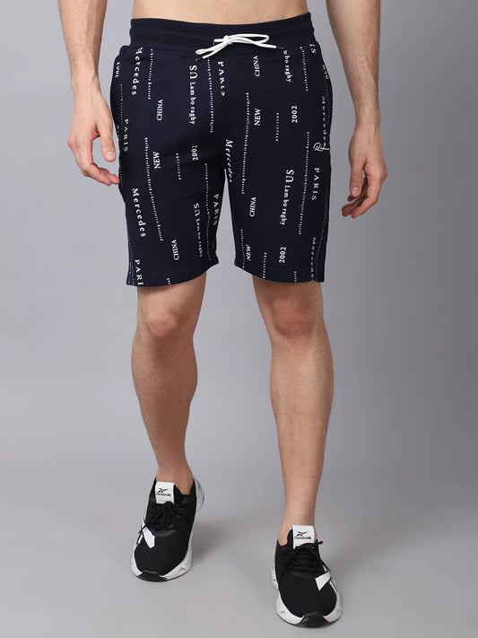 Men Navy Blue Printed Slim Fit Sports Shorts