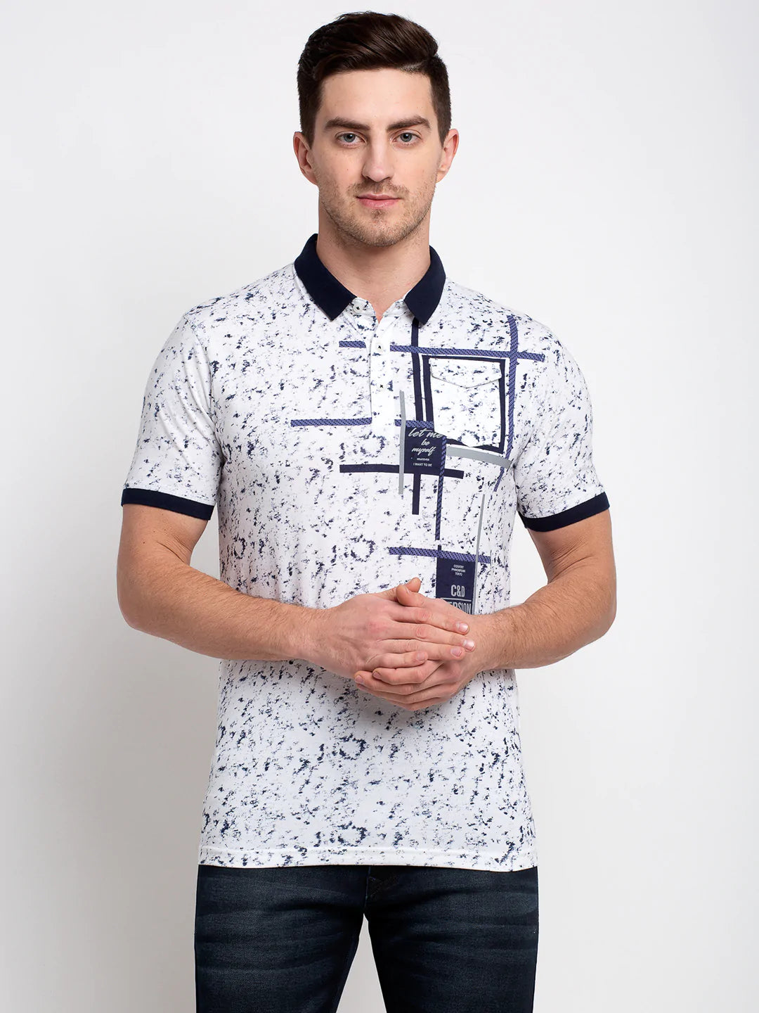 Men White Printed Polo Collar T-shirt