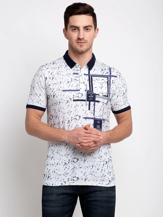 Men White Printed Polo Collar T-shirt