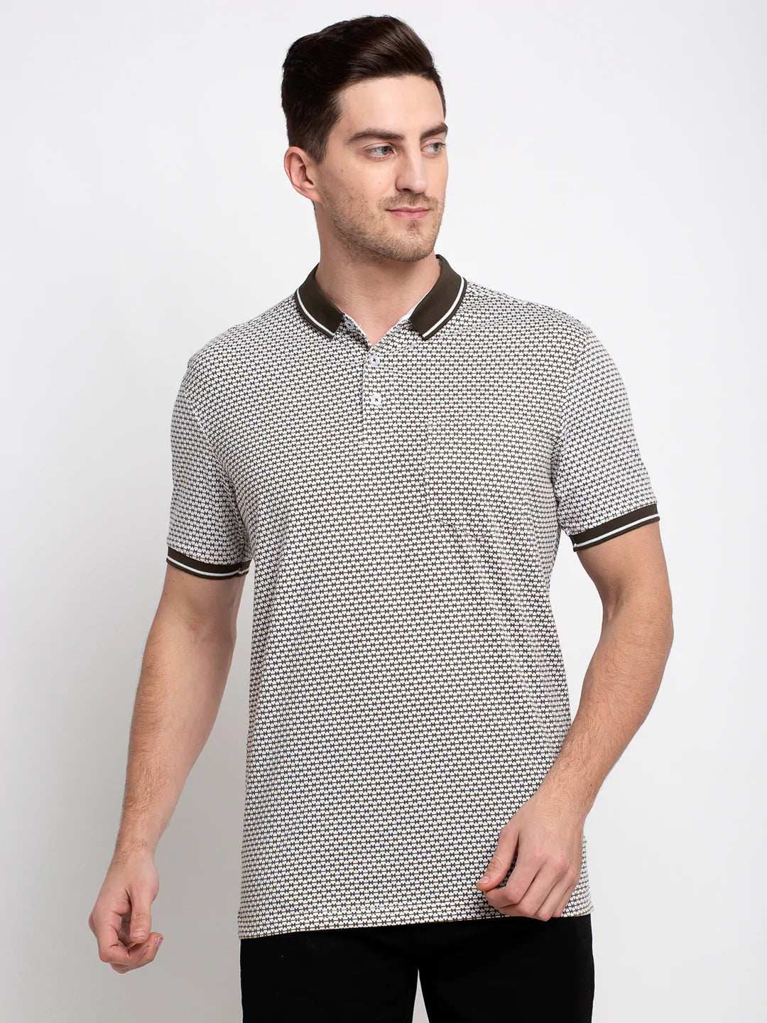 Men White  Olive Green Printed Polo Collar T-shirt