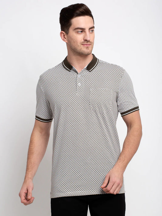 Men White  Olive Green Printed Polo Collar T-shirt