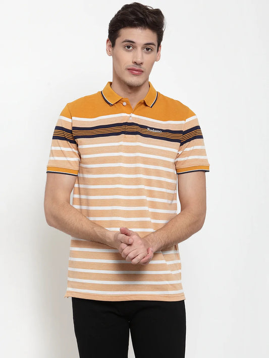 Men Mustard Yellow  White Striped Polo Collar T-shirt