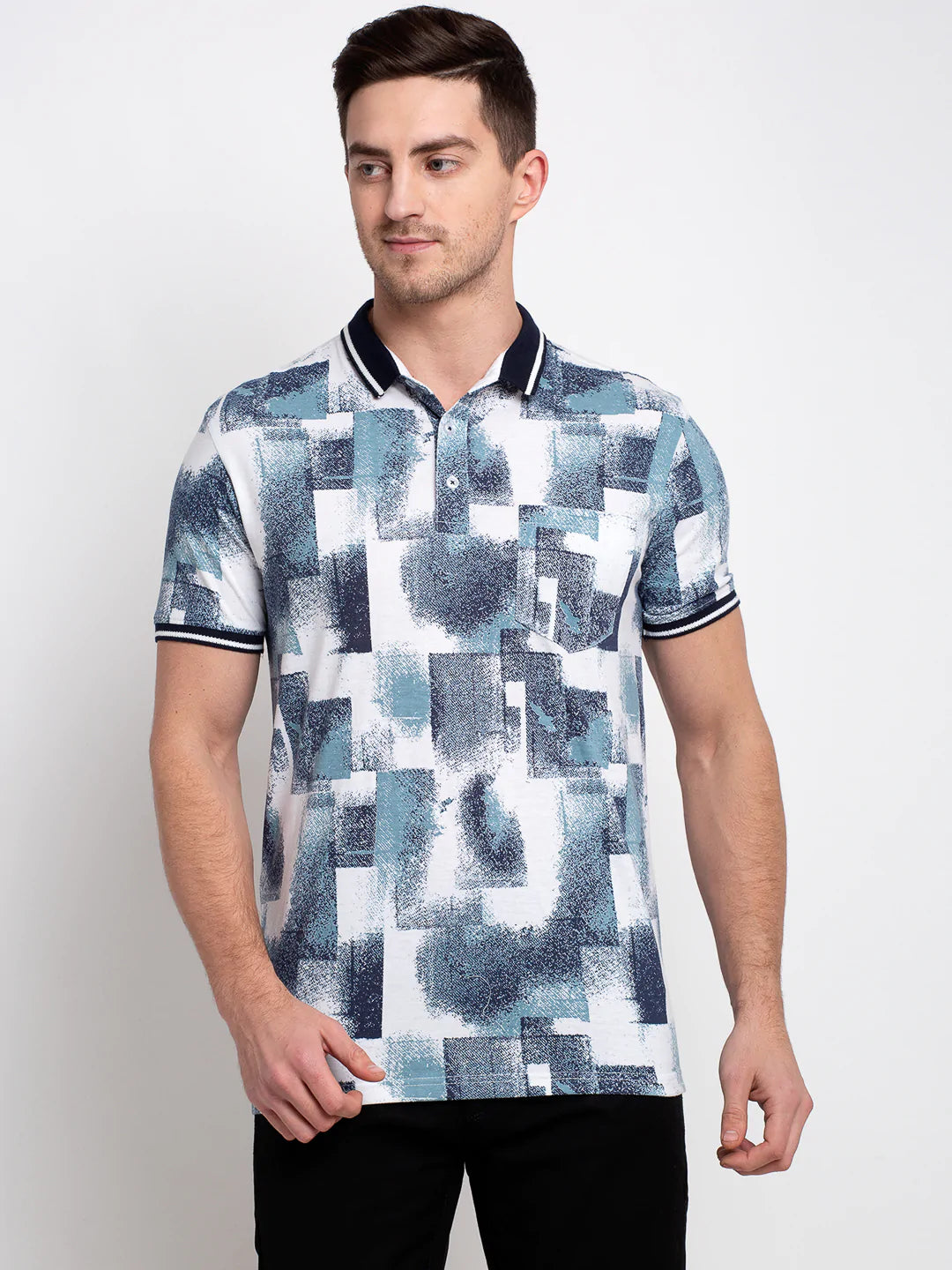 Men White Printed Polo Collar T-shirt