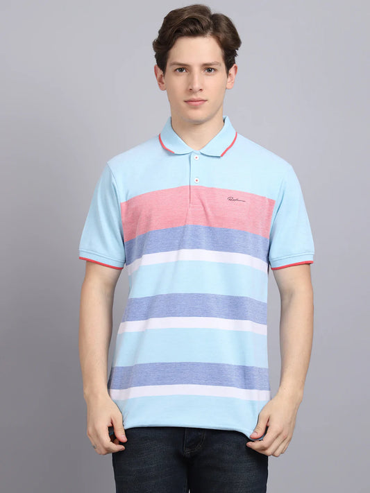 Men Blue Striped Polo Collar Slim Fit T-shirt