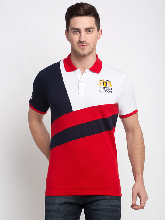 Men Red Colourblocked Polo Collar T-shirt