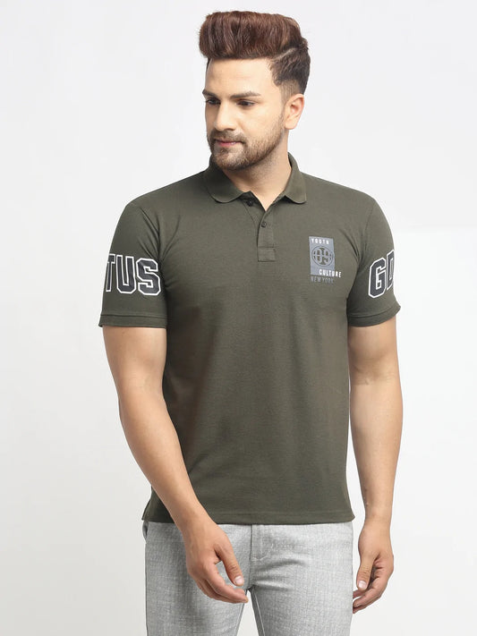 Men Olive Printed Polo T-Shirts