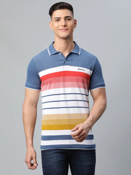 Men White  Blue Striped Polo Collar Slim Fit T-shirt