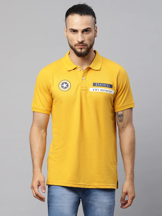 Men Mustard Yellow Typography Polo Collar Applique T-shirt