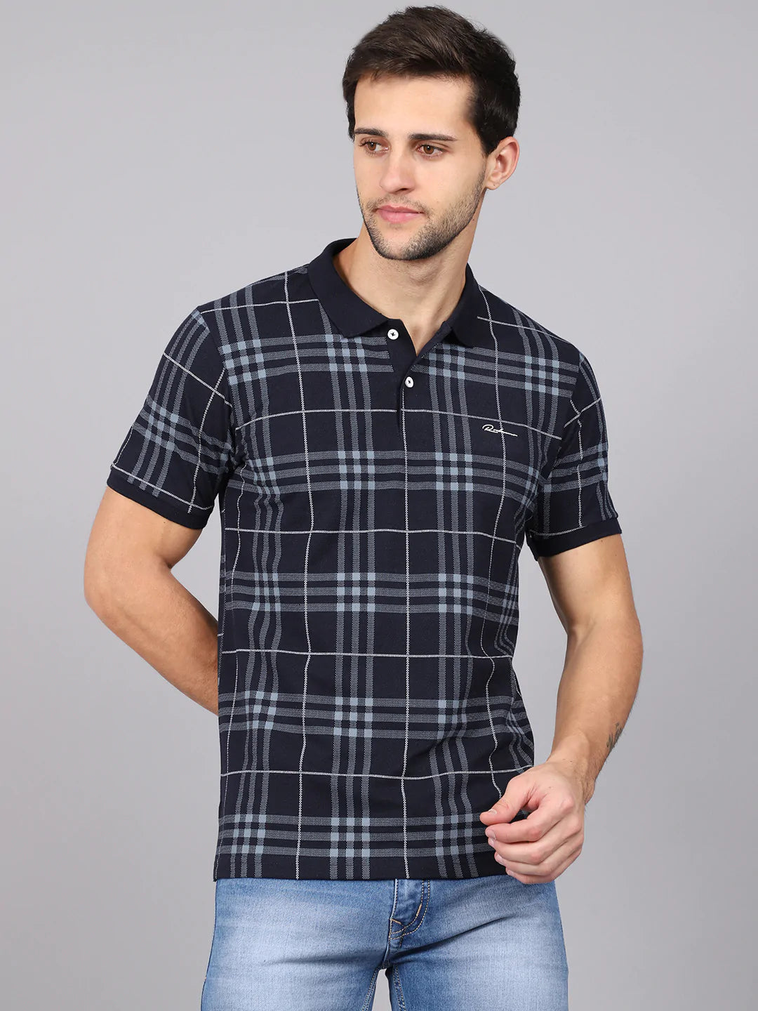 Men Blue Checked Polo Collar Slim Fit T-shirt